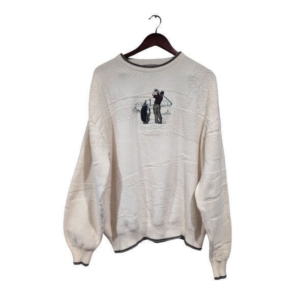 Vintage David  Taylor Golf Sweater Mens XL Ivory Embroidered Textured Knit 90s - Picture 1 of 16